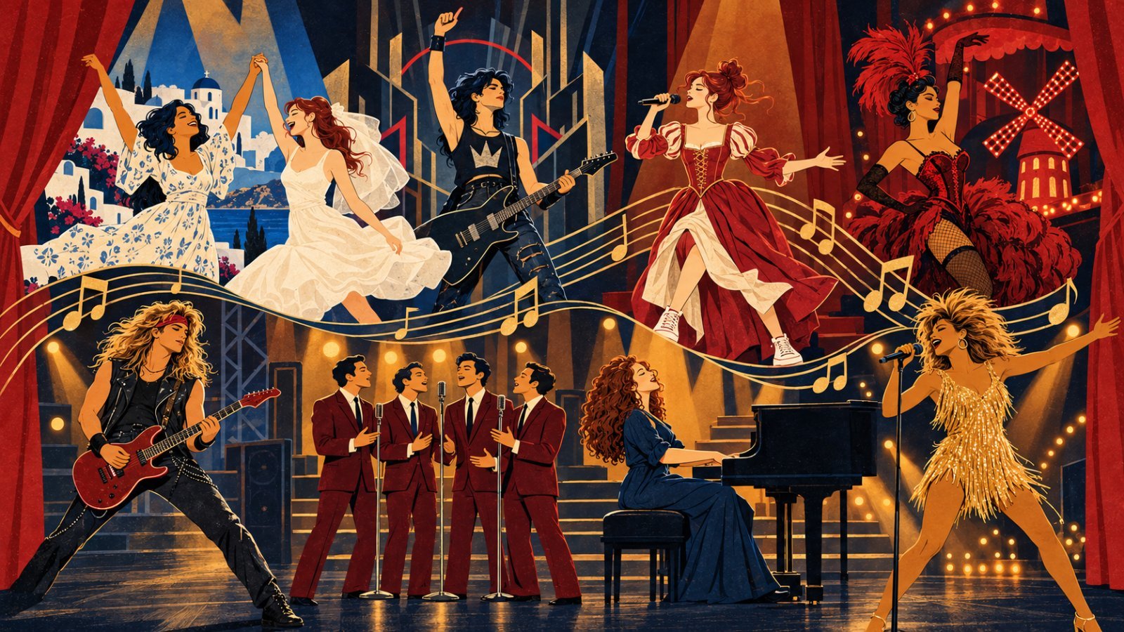 Ilustração editorial reúne referências a “Mamma Mia!”, “We Will Rock You”, “& Juliet”, “Moulin Rouge!”, “Rock of Ages”, “Jersey Boys”, “Beautiful” e “Tina”. A composição não retrata uma apresentação real.