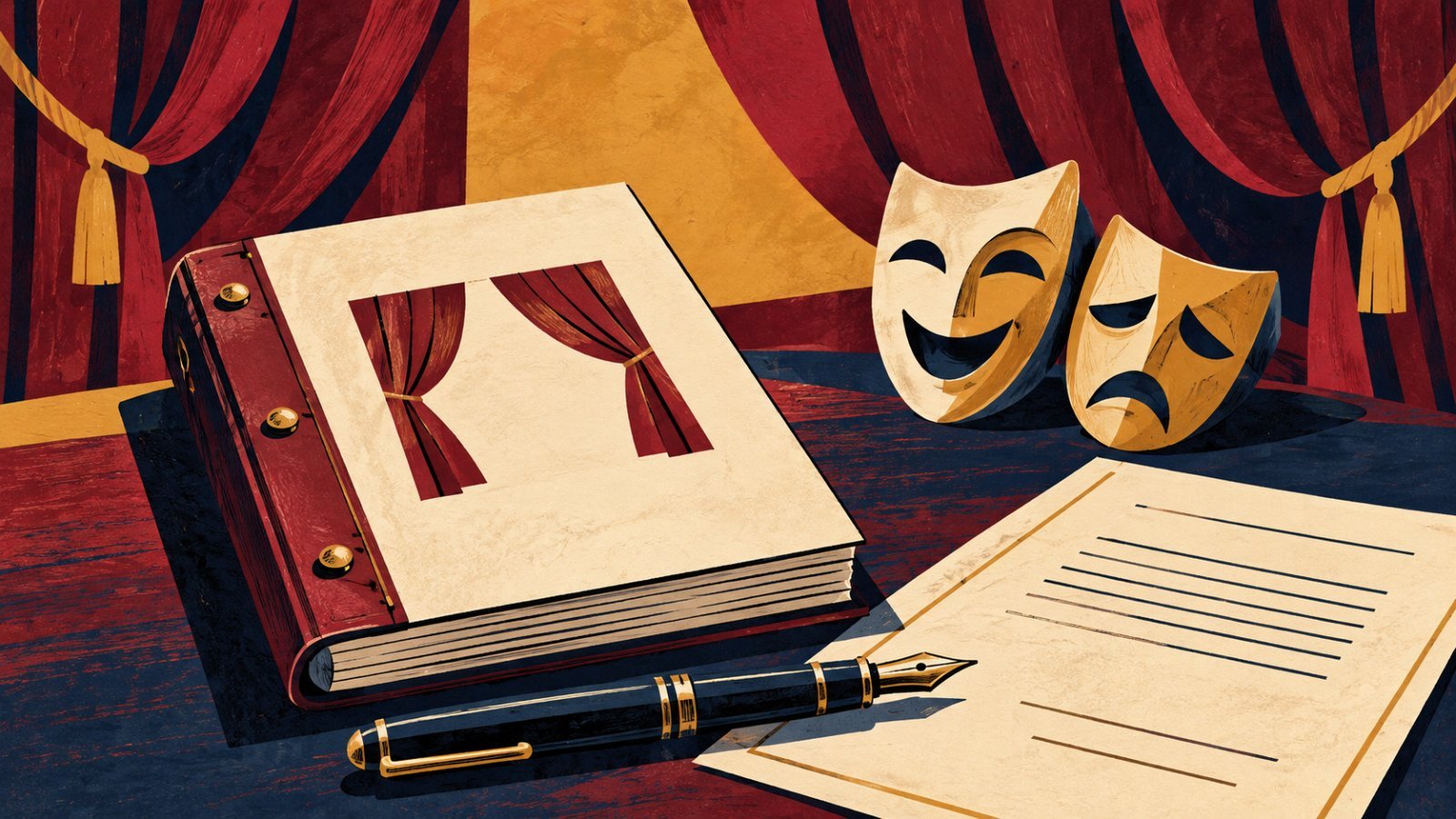 Ilustração editorial sobre direitos de autoria e encenação; os documentos desenhados são ilustrativos.